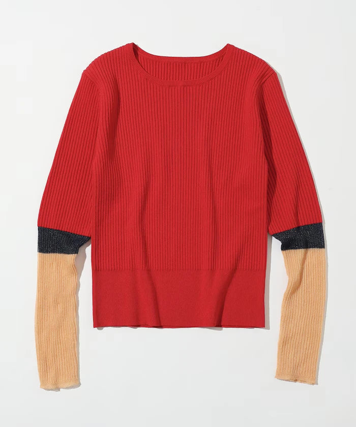 Functional material silk blend color block knit pullover / anti-pill / machine washable