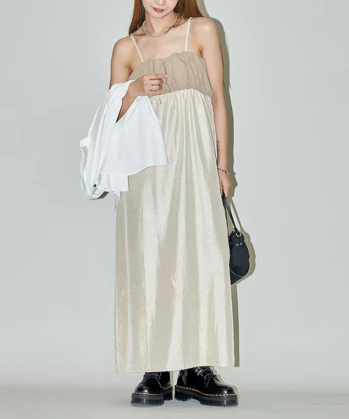 Mixed Material Shirring Satin Dress Limited Release