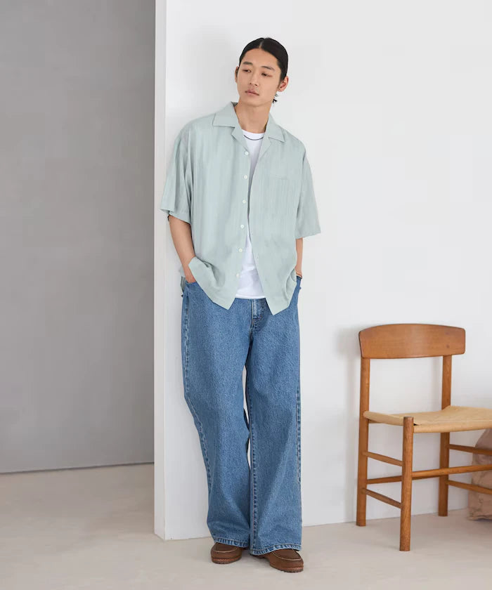 Jacquard Relaxed Fit Open Collar Short Sleeve Shirt Semi-Sheer Dobby Weave