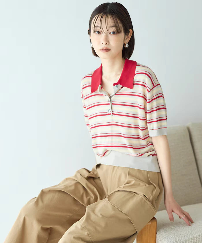 Relaxed Fit Color Design Polo Knit / Bicolor / Multi Stripe
