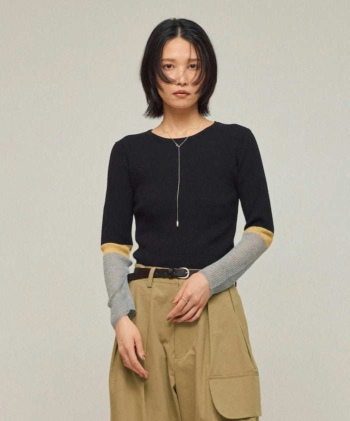 Functional material silk blend color block knit pullover / anti-pill / machine washable