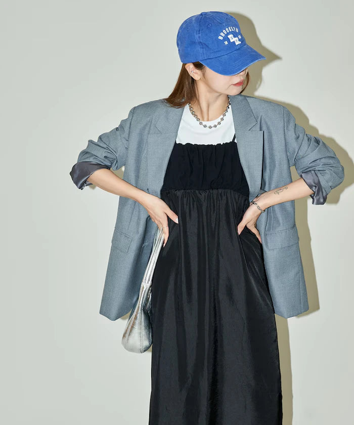 Mixed Material Shirring Satin Dress Limited Release