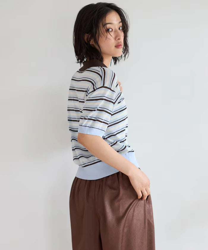 Relaxed Fit Color Design Polo Knit / Bicolor / Multi Stripe