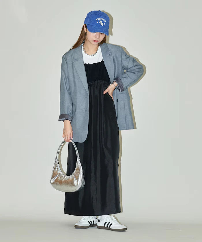 Mixed Material Shirring Satin Dress Limited Release