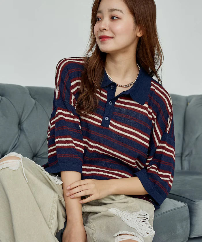 LOVE POP STUDIO Border Knit Polo Shirt Limited Edition