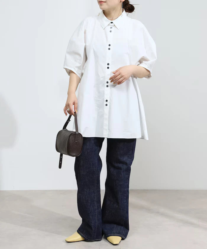 Color Added Balloon Sleeve Shirt / 5 Sleeve Blouse