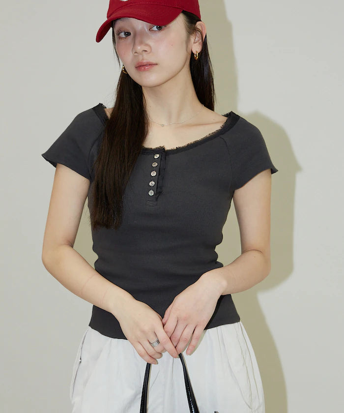 Collar Lace Contrast Henry Rib T-Shirt