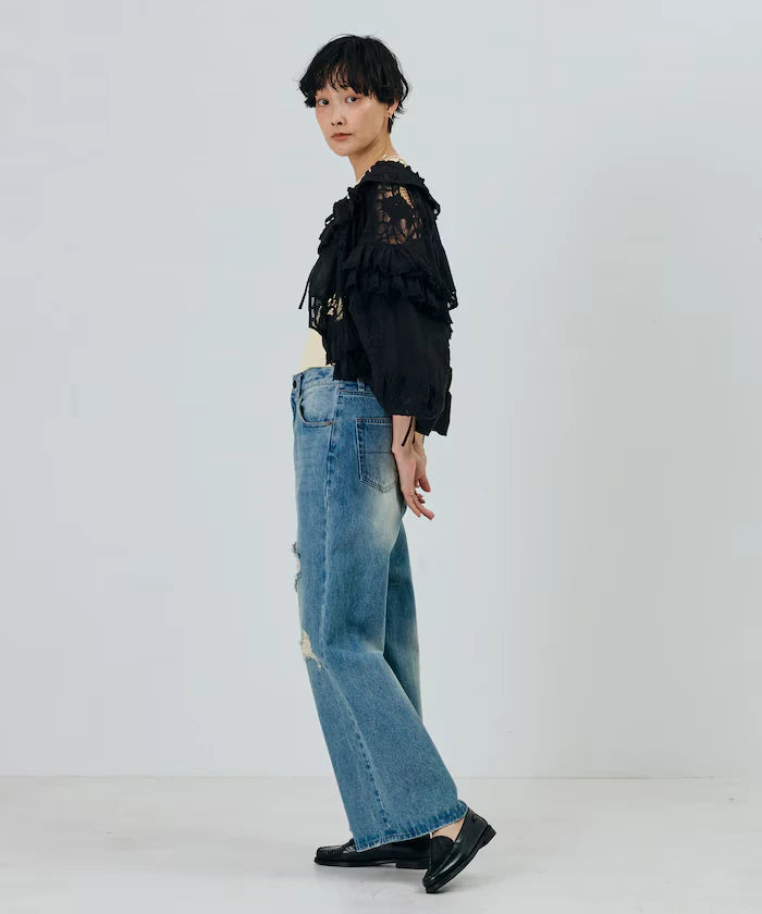 Flower Embroidery Wide Denim