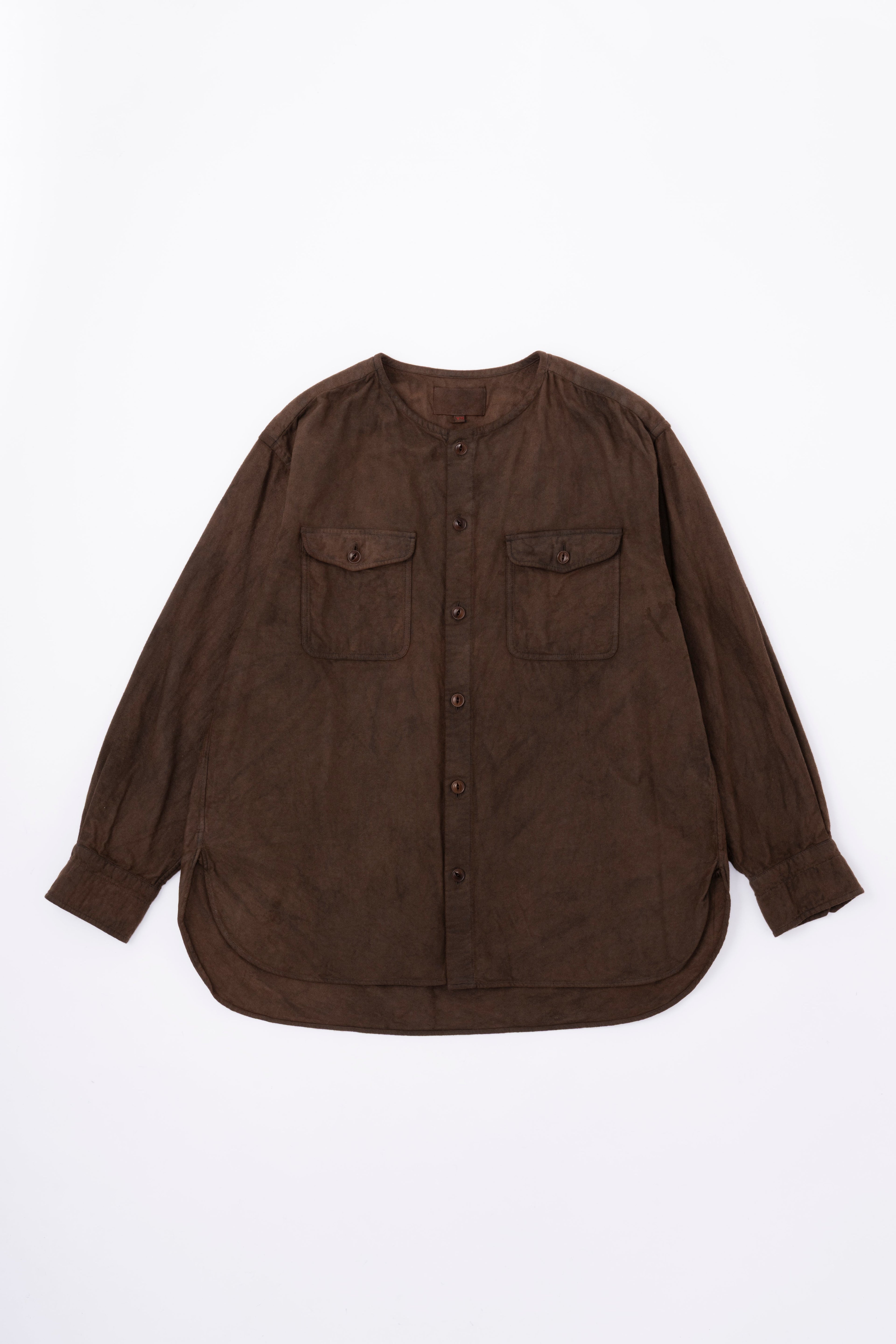 BRUSHED COTTON COLLARLESS SHIRT - KAKISHIBU