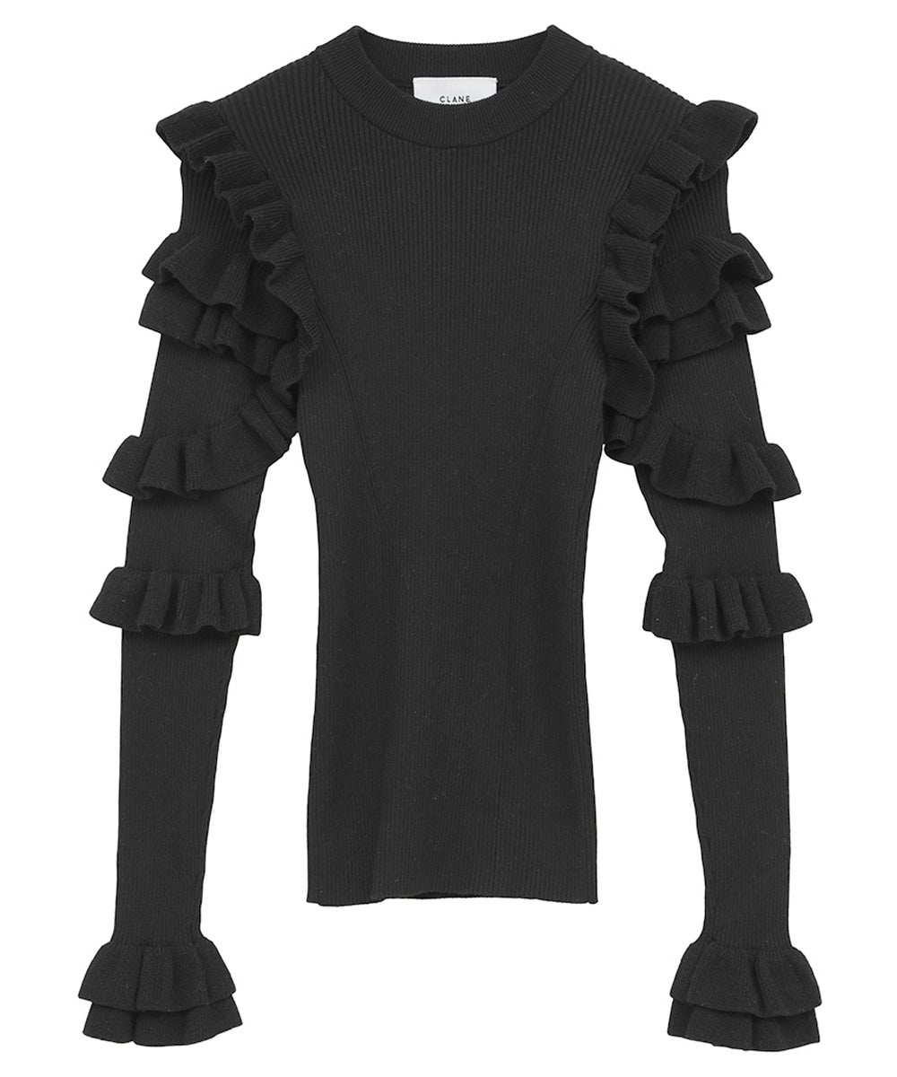 FRILL SLEEVE KNIT TOPS - BLACK