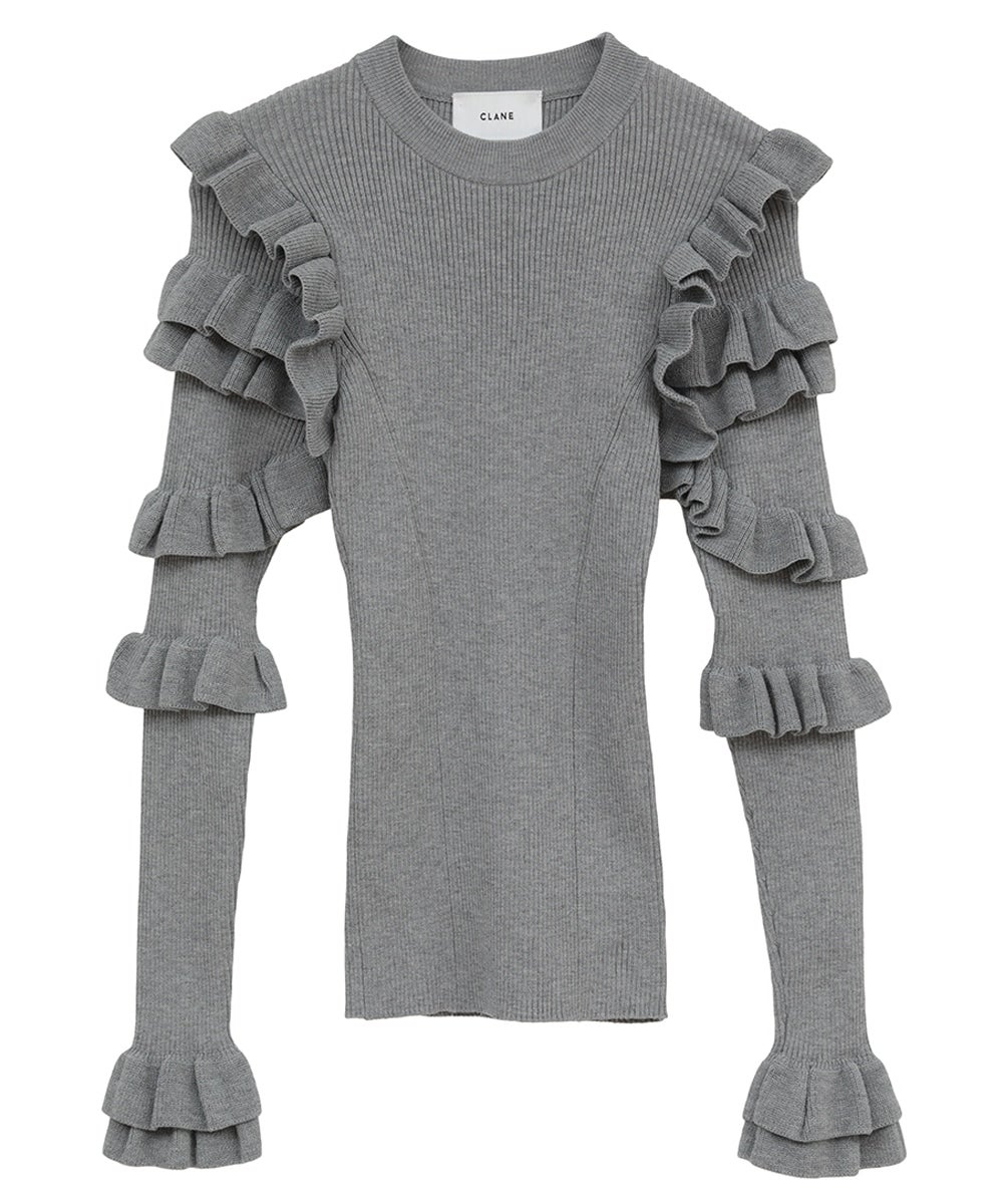 FRILL SLEEVE KNIT TOPS - GRAY