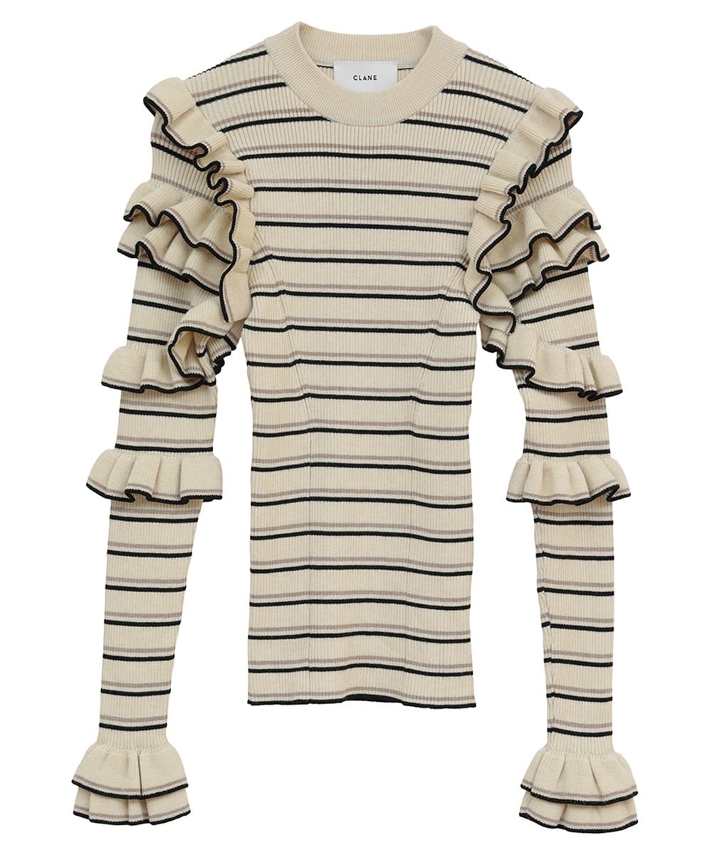 FRILL SLEEVE KNIT TOPS - BORDER