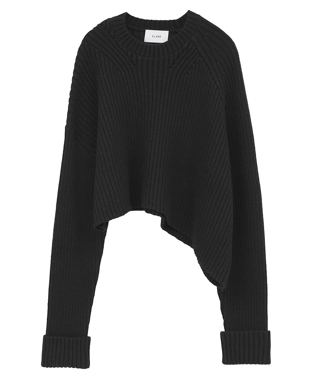 ASYMMETRY WIDE SHORT KNIT TOPS - BLACK