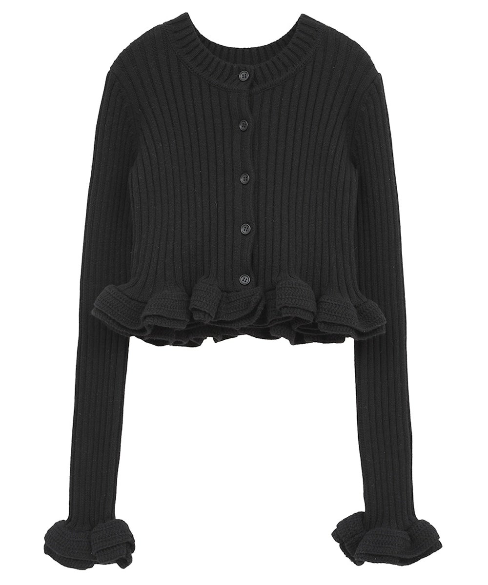 W FACE SHORT FRILLED KNIT TOPS - BLACK