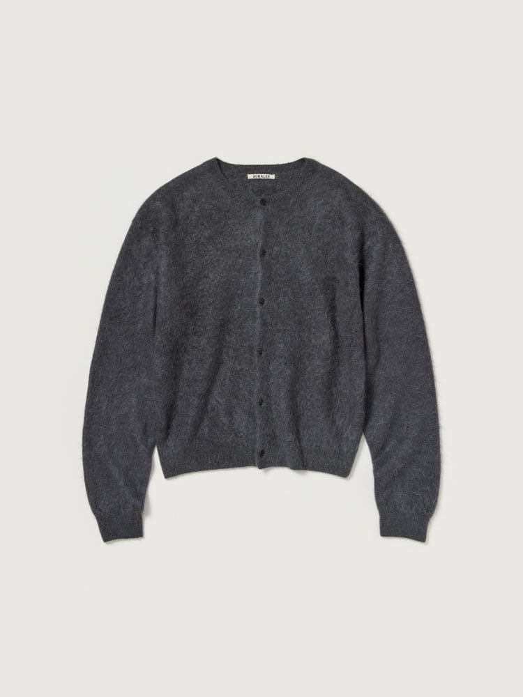 GARMENT-DYED BABY ALPACA FUR KNIT CREW-NECK CARDIGAN - DARK GRAY