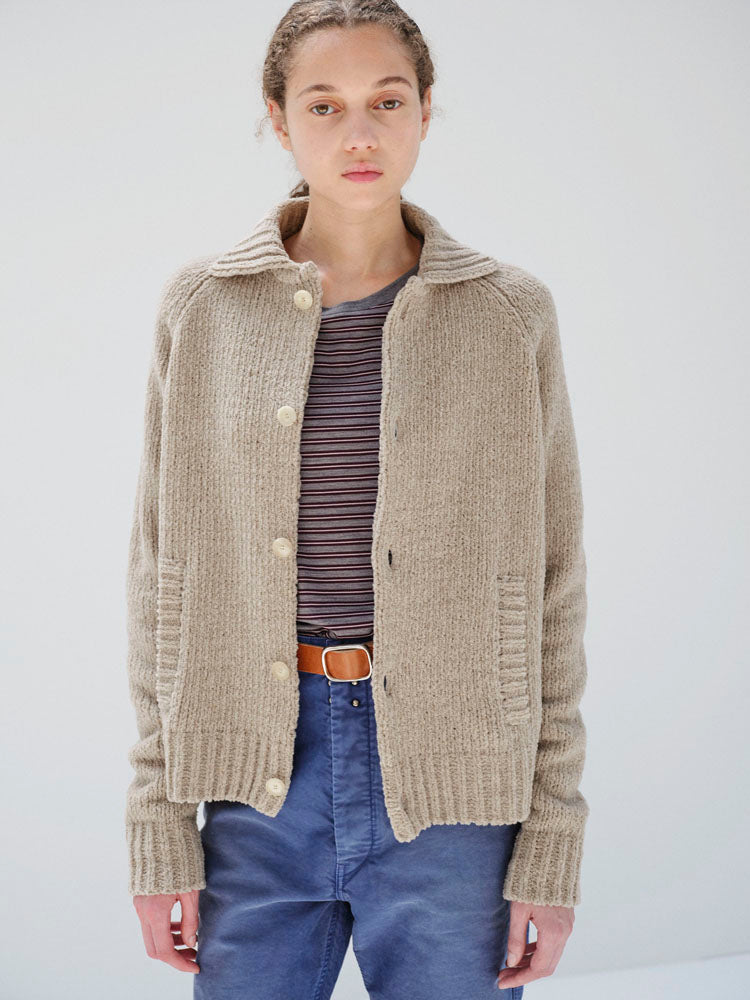 CASHMERE CHENILLE KNIT CARDIGAN - BEIGE
