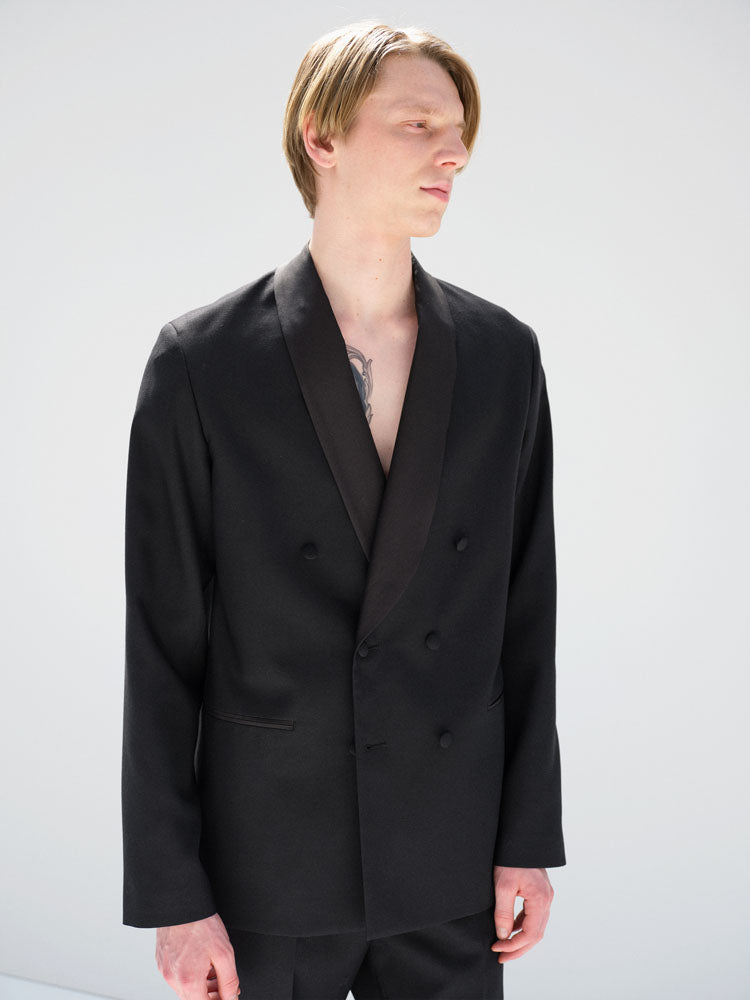 HIGH-DENSITY WOOL WORSTED SHAWL COLLAR JACKET - BLACK