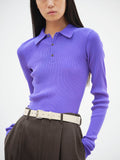 SUPER FINE WOOL HIGH GAUGE RIB KNIT POLO - PURPLE