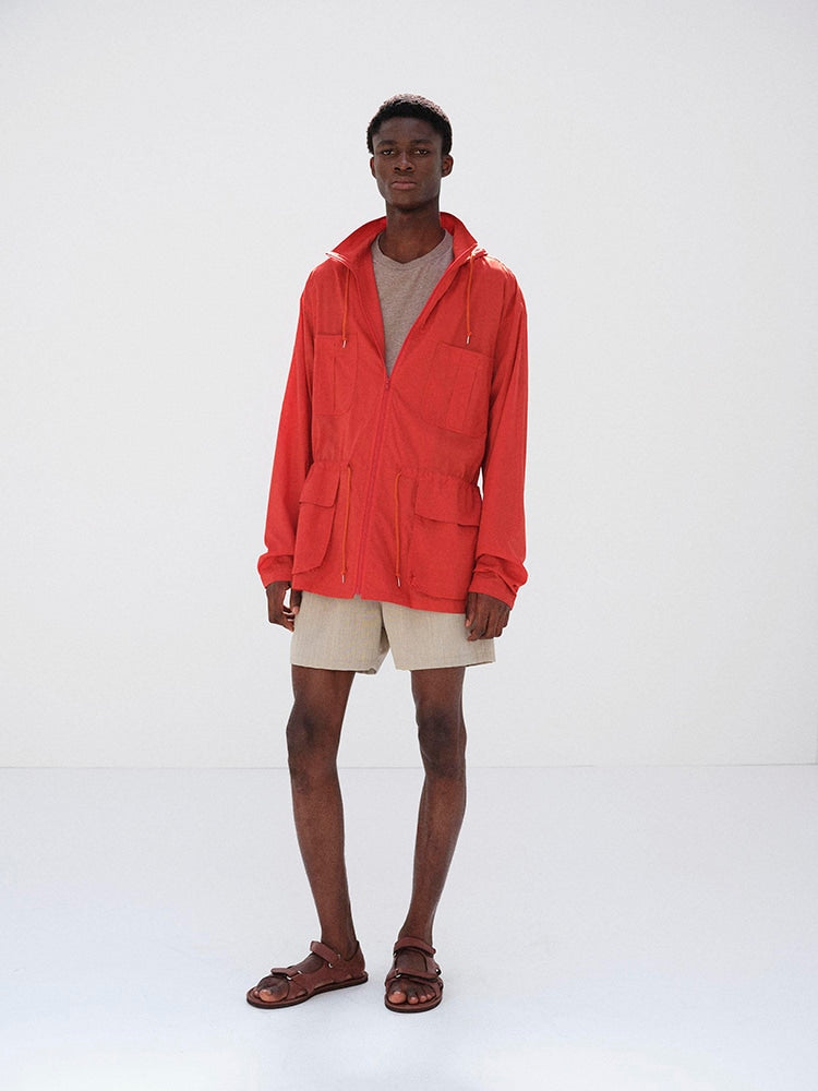 SUPER FINE COTTON LAWN HOODED BLOUSON - RED