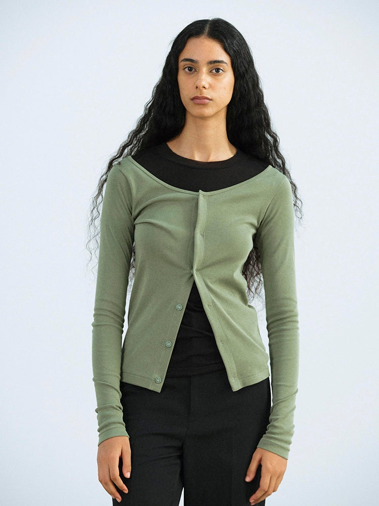 ORGANIC COTTON FINE RIB CARDIGAN - SAGE GREEN