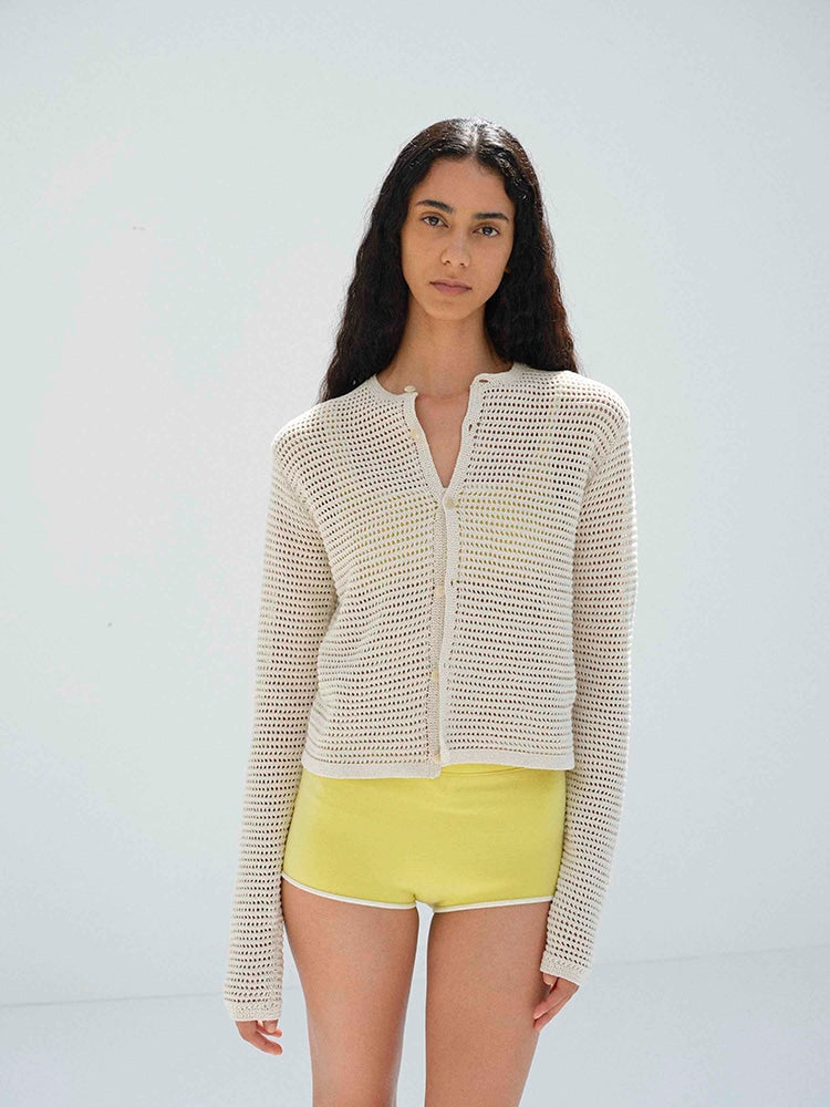 TUSSAH SILK COTTON MESH KNIT CARDIGAN - IVORY