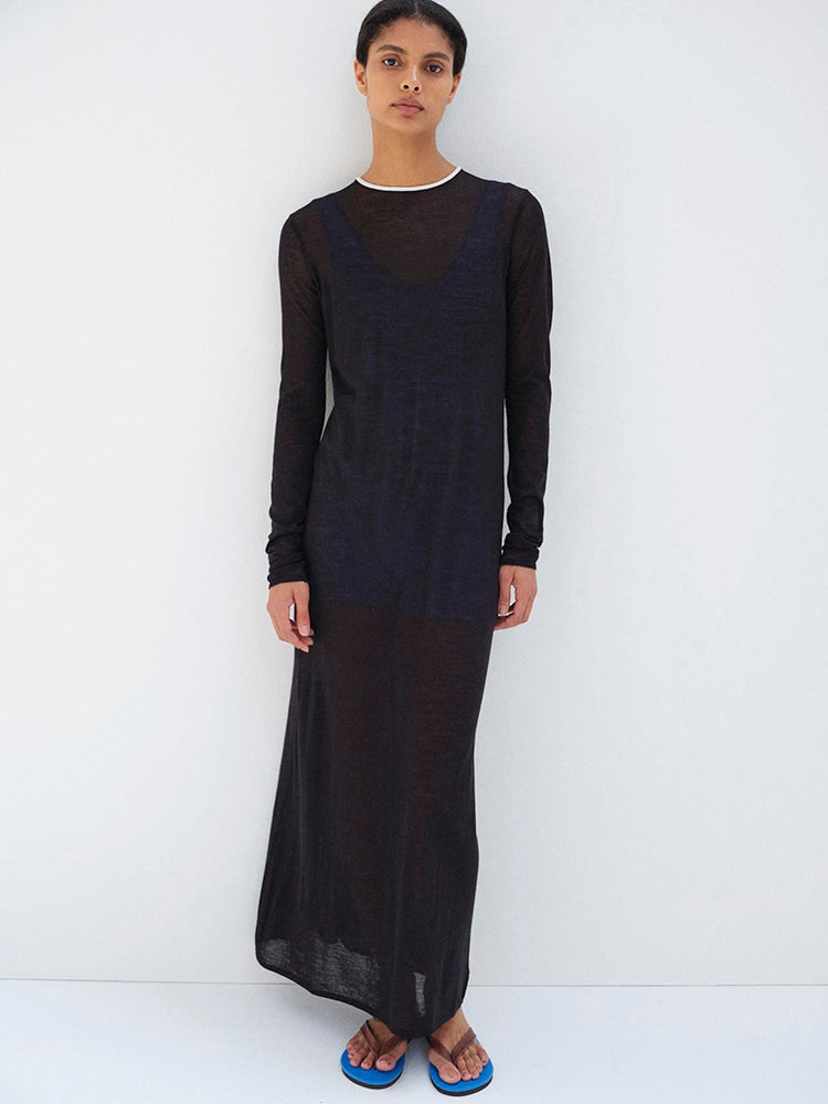 HARD TWIST HIGH GAUGE WOOL SILK KNIT DRESS - BLACK