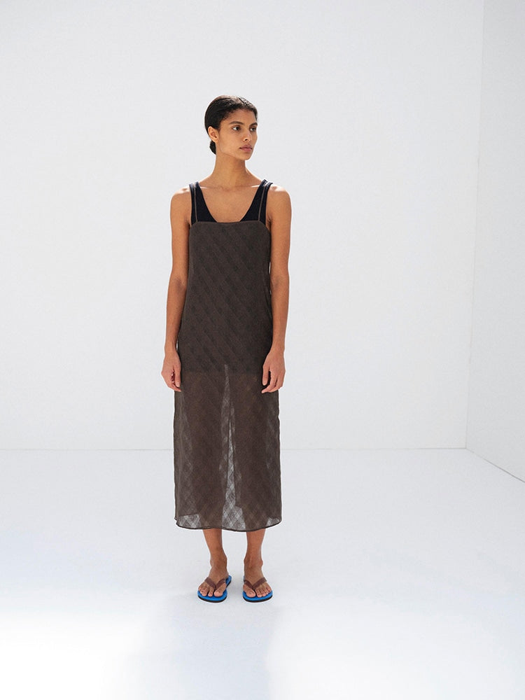 SHEER SILK COTTON CUT JACQUARD CAMISOLE DRESS - DARK BROWN