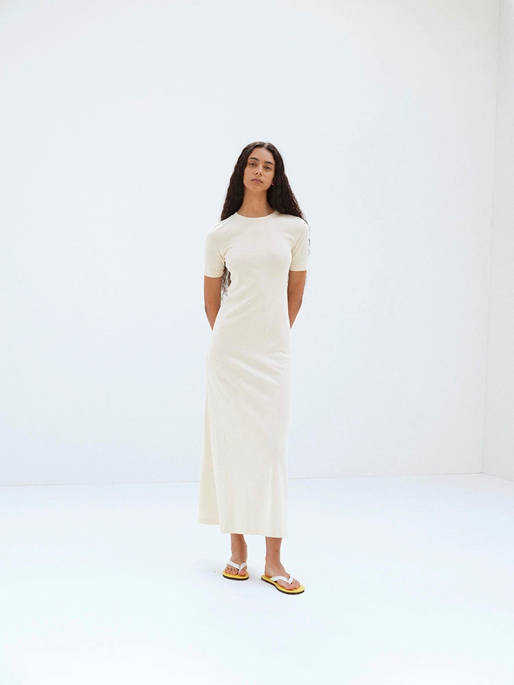 ORGANIC COTTON FINE RIB DRESS - IVORY