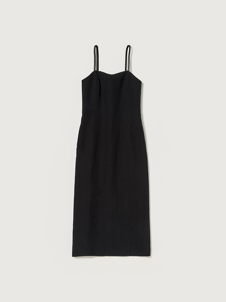 WOOL COTTON LINEN OX CAMISOLE DRESS - BLACK