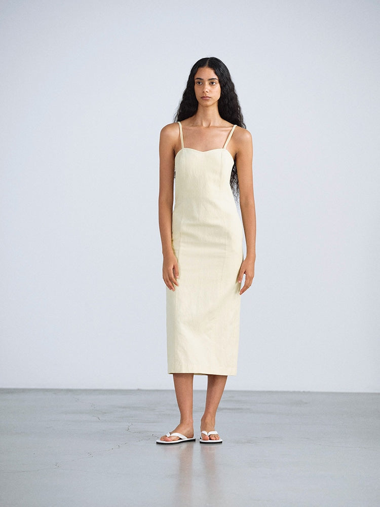 WOOL COTTON LINEN OX CAMISOLE DRESS - LIME BEIGE