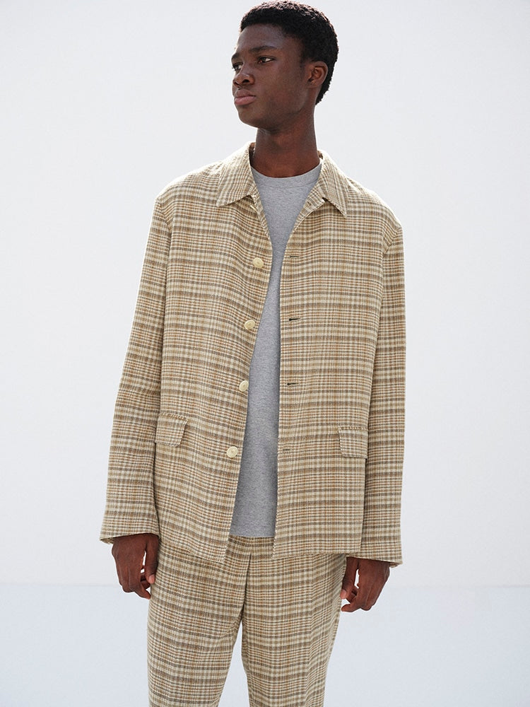 SILK LINEN NEP CHECK JACKET - IVORY BEIGE CHECK