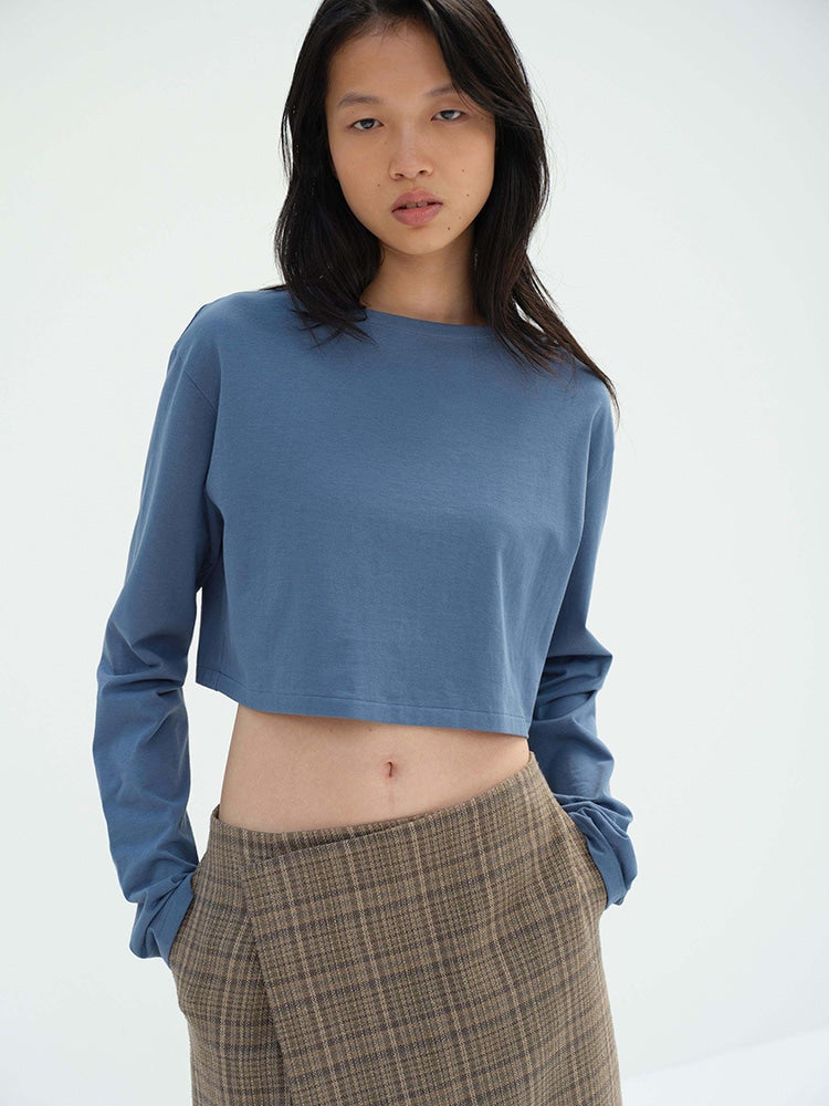 HIGH GAUGE COTTON JERSEY BOAT NECK L/S TEE - DUSTY BLUE