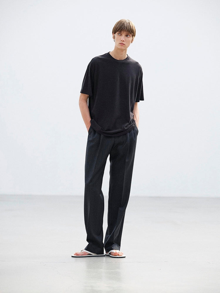 BLUEFACED WOOL TWO-TUCK SLACKS - CHARCOAL NAVY STRIPE