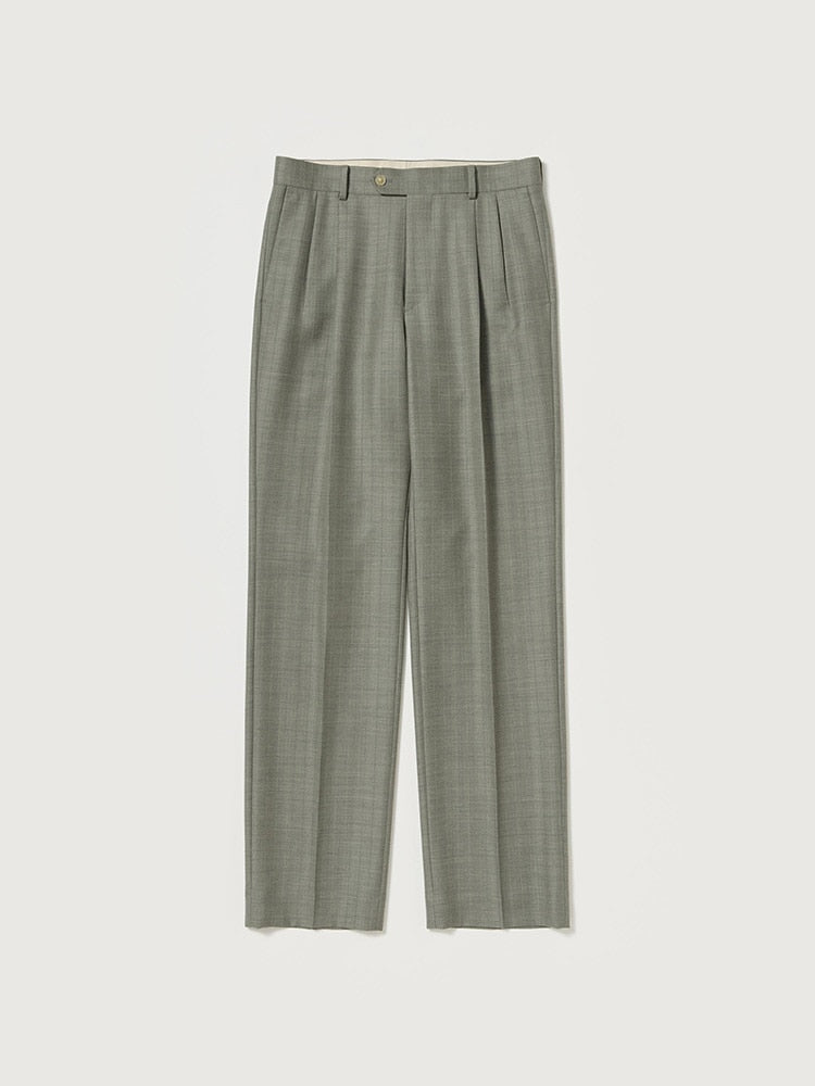 BLUEFACED WOOL TWO-TUCK SLACKS - KHAKI GRAY STRIPE