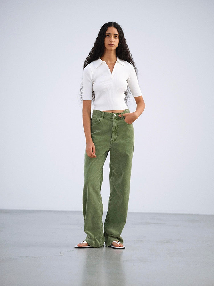GARMENT-DYED FINX CORDUROY 5P WIDE PANTS - DUSTY GREEN