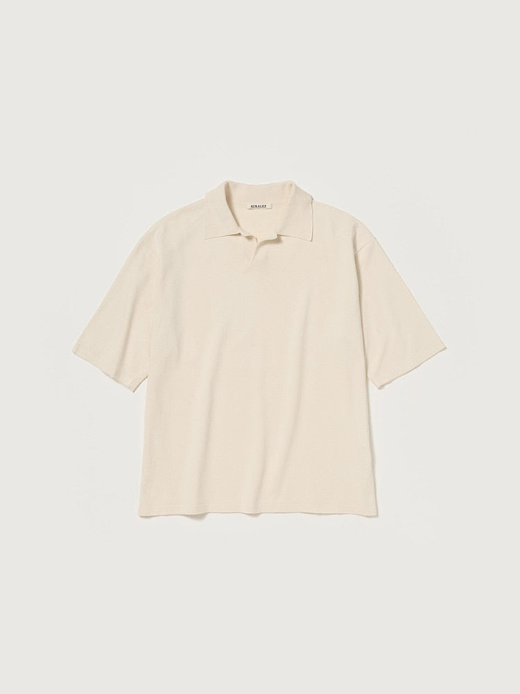 HIGH GAUGE TUSSAH SILK KNIT SKIPPER POLO - IVORY