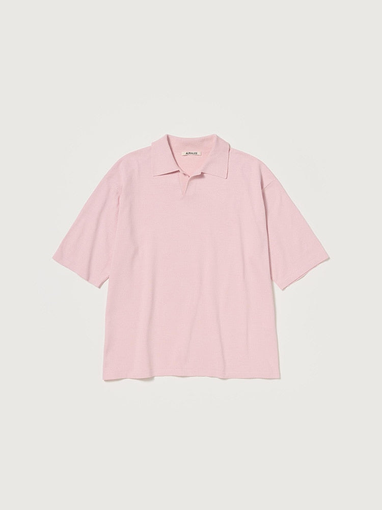HIGH GAUGE TUSSAH SILK KNIT SKIPPER POLO - LIGHT PINK