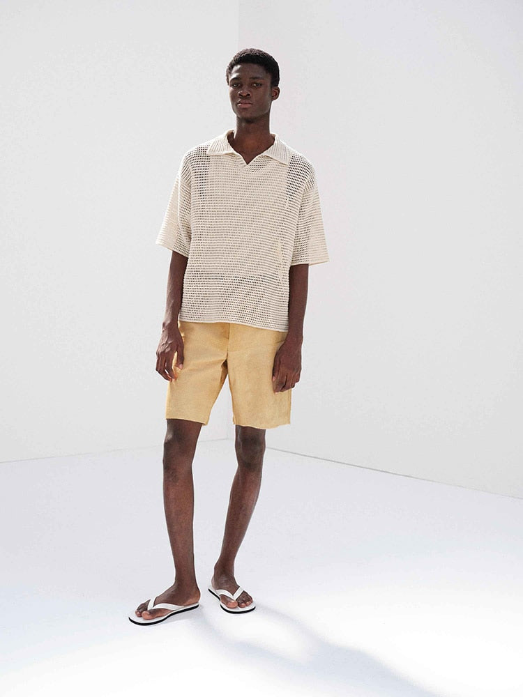 TUSSAH SILK COTTON MESH KNIT SKIPPER POLO - IVORY