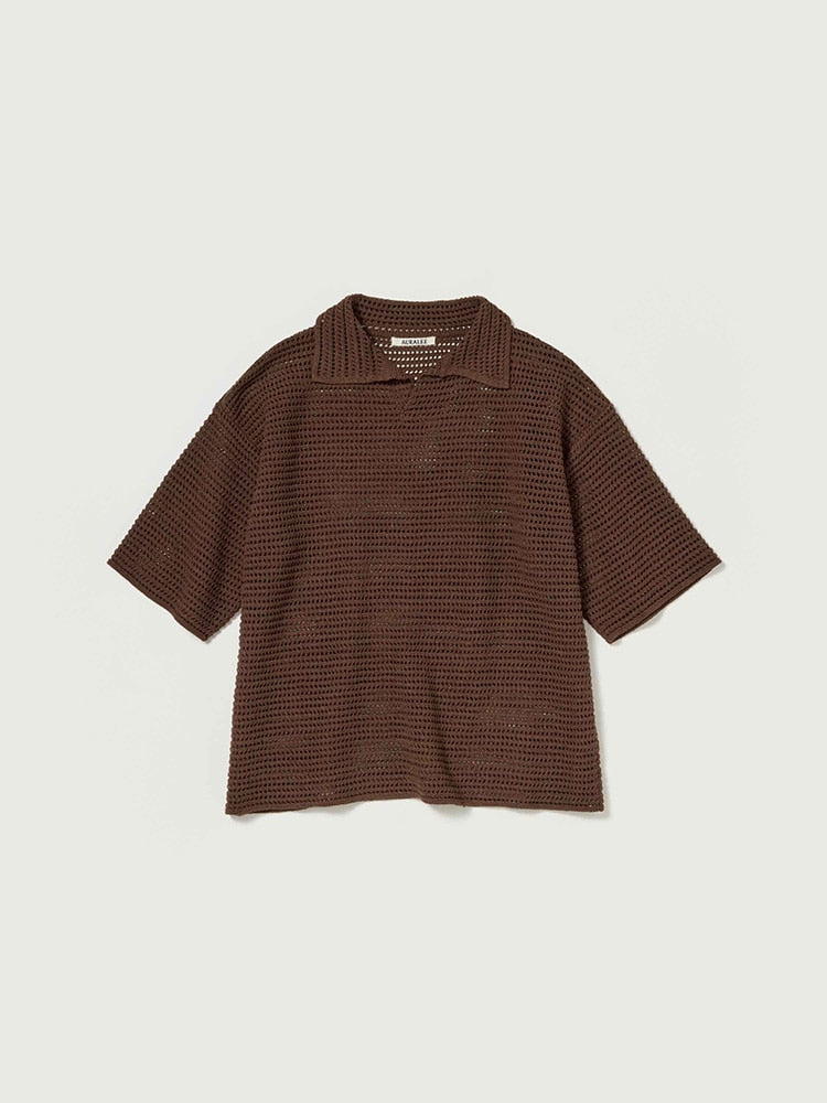 TUSSAH SILK COTTON MESH KNIT SKIPPER POLO - BROWN