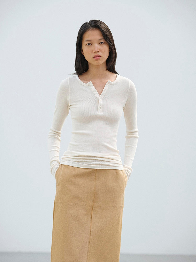 ORGANIC SOFT RIB HENLEY NECK P/O - IVORY