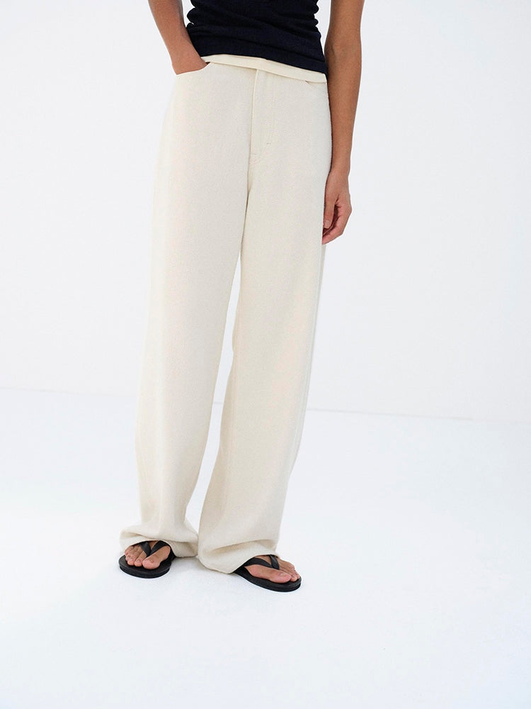 SILK NEP DENIM 5P WIDE PANTS - IVORY WHITE