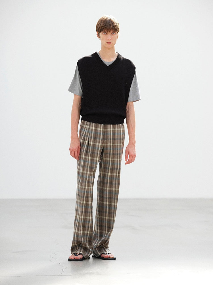 SUPER FINE TROPICAL WOOL CHECK TWO-TUCK SLACKS - TOP BROWN CHECK