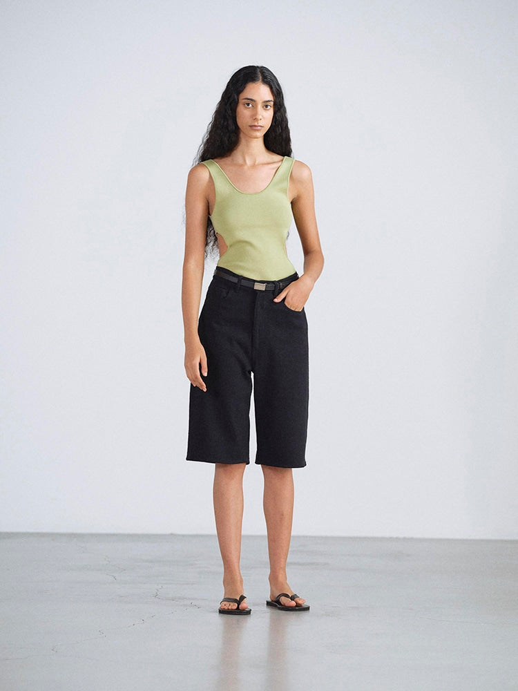 SILK NEP DENIM 5P WIDE SHORTS - BLACK