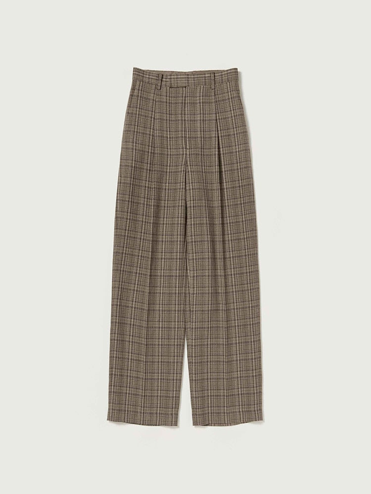 SILK LINEN NEP CHECK ONE-TUCK SLACKS - DARK BROWN CHECK