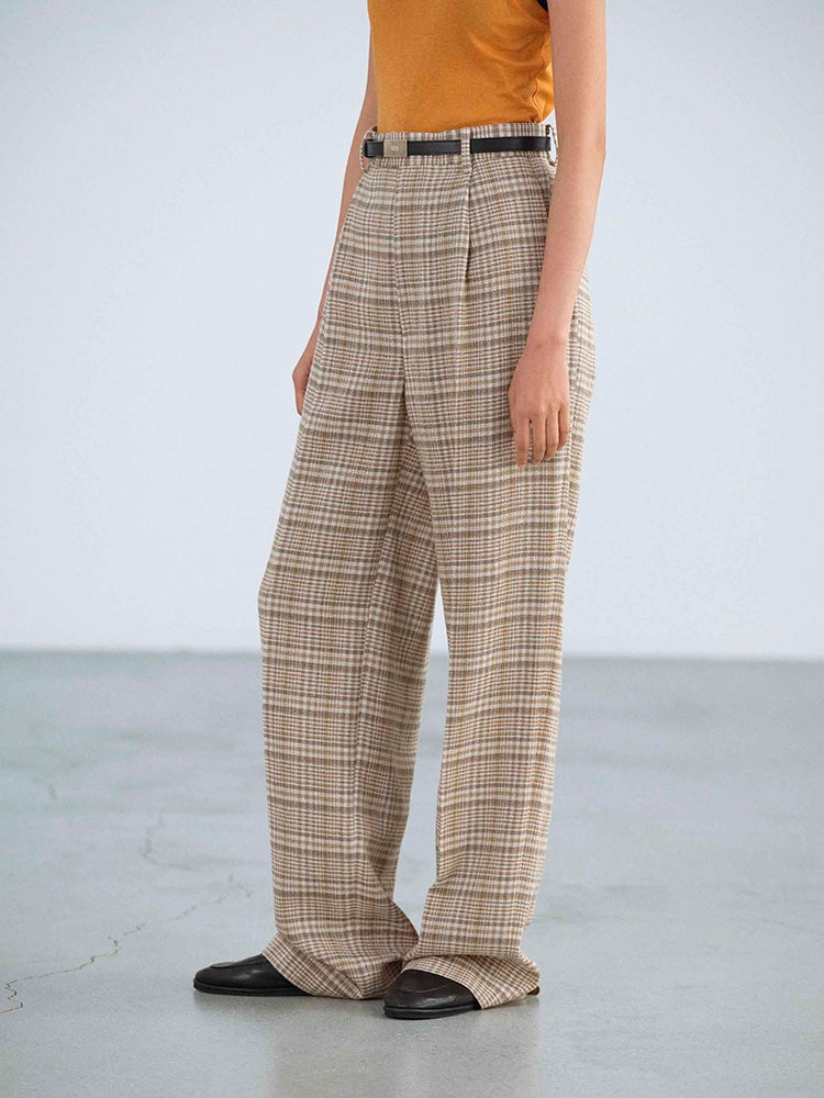 SILK LINEN NEP CHECK ONE-TUCK SLACKS - IVORY BEIGE CHECK