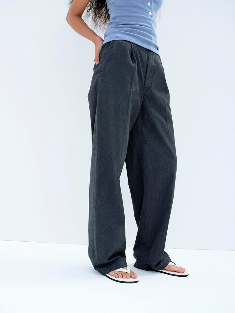 GARMENT-DYED FINX LIGHT CHINO ONE-TUCK WIDE PANTS - BLACK