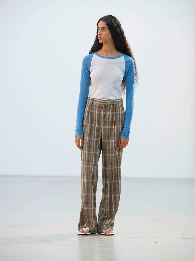 SUPER FINE TROPICAL WOOL CHECK TWO-TUCK SLACKS - TOP BROWN CHECK