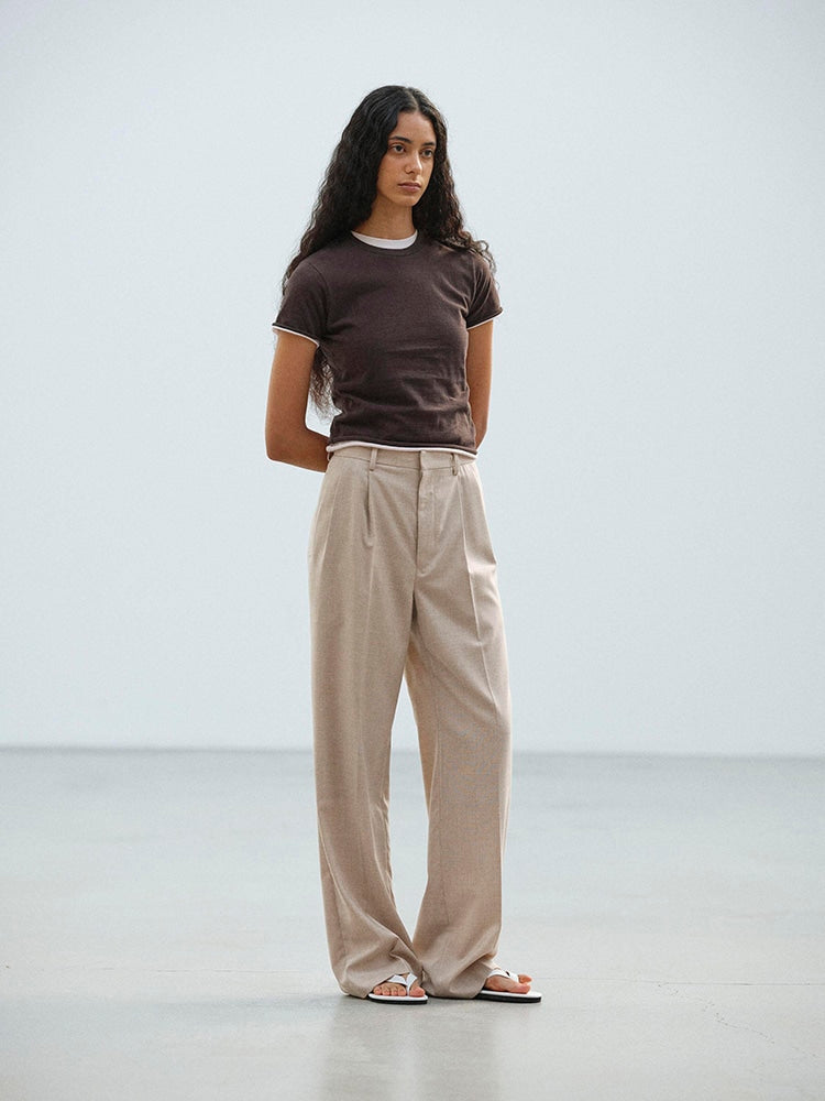 SUMMER TWIST CASHMERE PORA TWO-TUCK SLACKS - TOP BROWN BEIGE