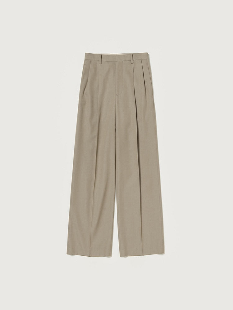 LIGHT WOOL MAX GABARDINE TWO-TUCK SLACKS - KHAKI BEIGE CHAMBRAY