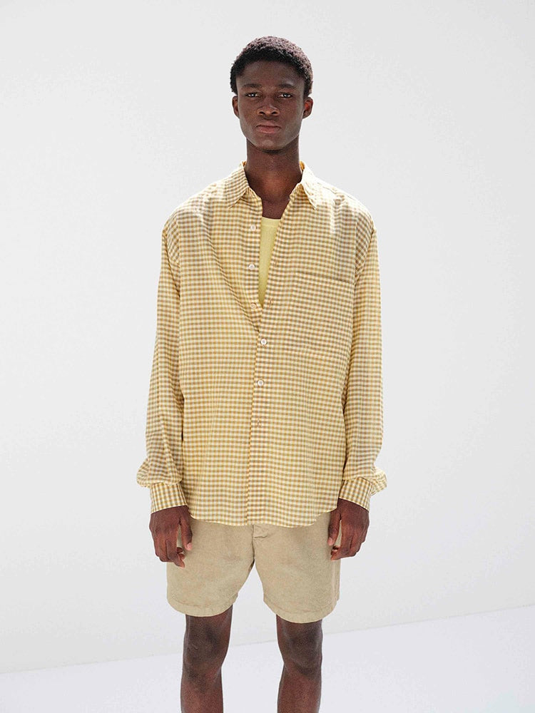 AIRY LIGHT COTTON CHECK BIG SHIRT - MUSTARD GINGHAM CHECK